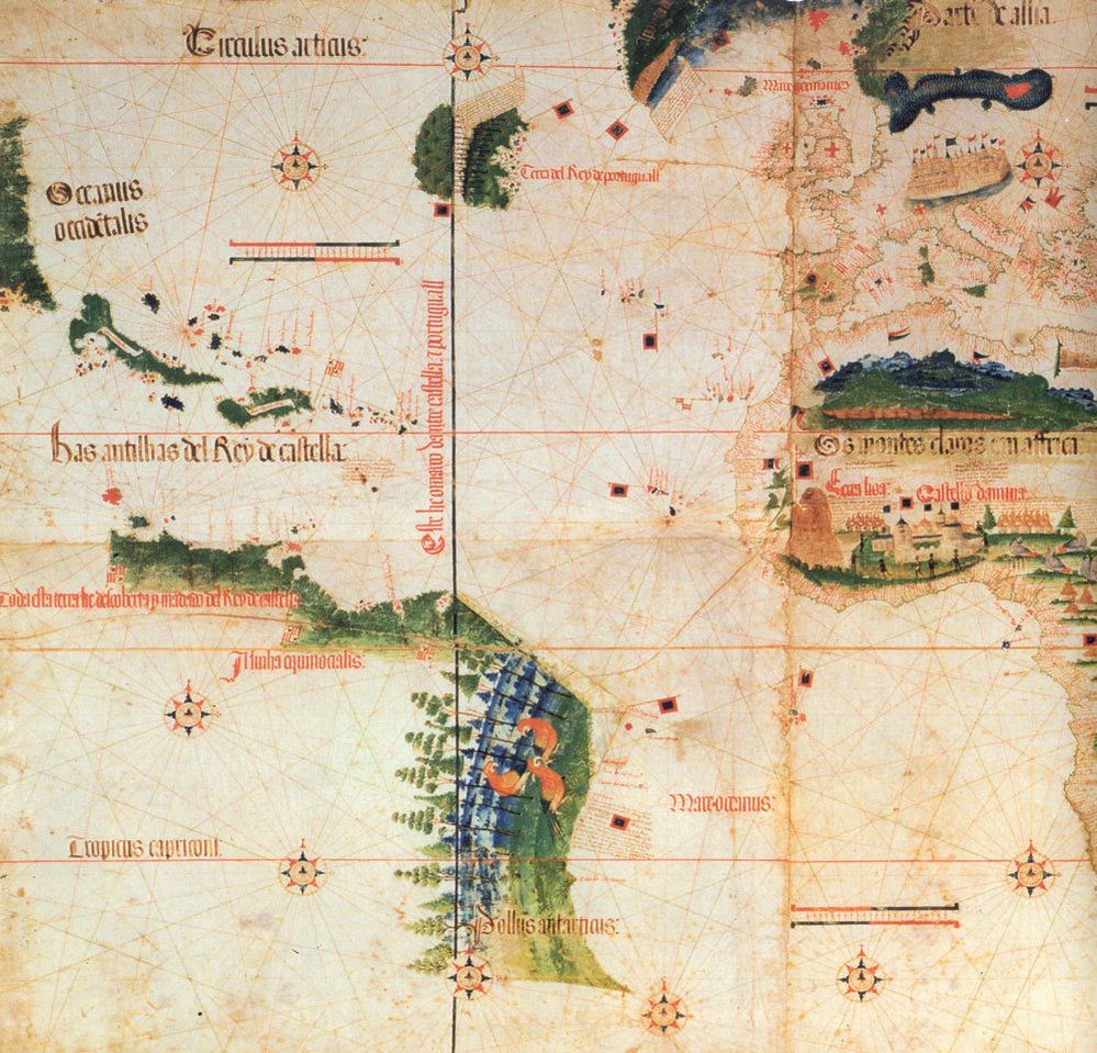 Portugalská mapa světa z roku 1502, na které je vyznačena demarkační linie vycházející ze smlouvy uzavřené v Tordesillas.