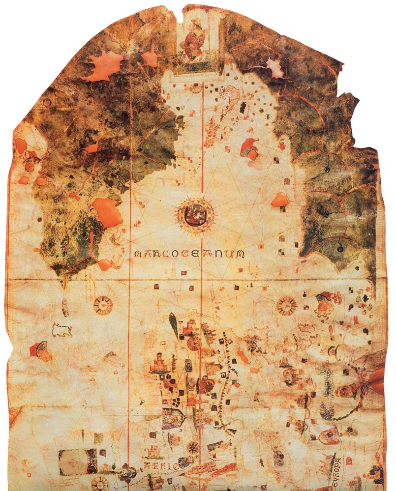 Jižní Amerika na mapě světa z roku 1500 od Juana de la Cosa (1460-1509), kormidelníka na lodi Santa María při první Kolumbově výpravě.