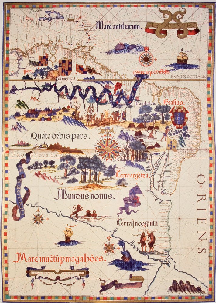 Mapa Amazonky z roku 1558 (autor Diego Homem). „Hadí tvar“ řeky je charakteristický pro romantické mapy z druhé poloviny 16. Století. Řeka pramení na západě v Andách a ústí jako „moře sladké vody“ do Atlantiku.