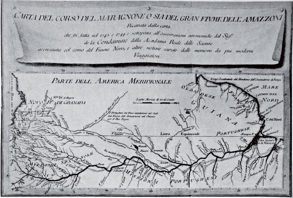 Mapa francouzského vědce Charles Marie de La Condamine (1701-1774) z let 1743-1744. Do svého zobrazení Amazonky zakreslil La Condamine pro porovnání také výsledek práce P. Fritze.