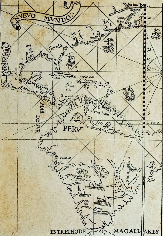 Mapa Pedra Mediny z roku 1544. Jedna z prvních, na nichž se objevuje velká řeka již pod názvem Amazonka.
