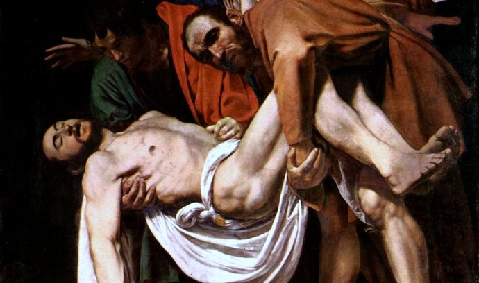 Caravaggio byl významný italský malíř, který realisticky vyobrazoval postavy z bible a mytologie. Na snímku jeho obraz Kladení do hrobu.