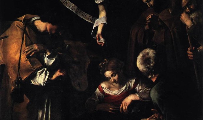 Caravaggio byl významný italský malíř, který realisticky vyobrazoval postavy z bible a mytologie. Na snímku jeho obraz Narození Ježíše Krista.