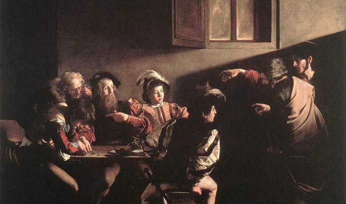 Caravaggio byl významný italský malíř, který realisticky vyobrazoval postavy z bible a mytologie. Na snímku jeho obraz Povolání svatého Matouše.