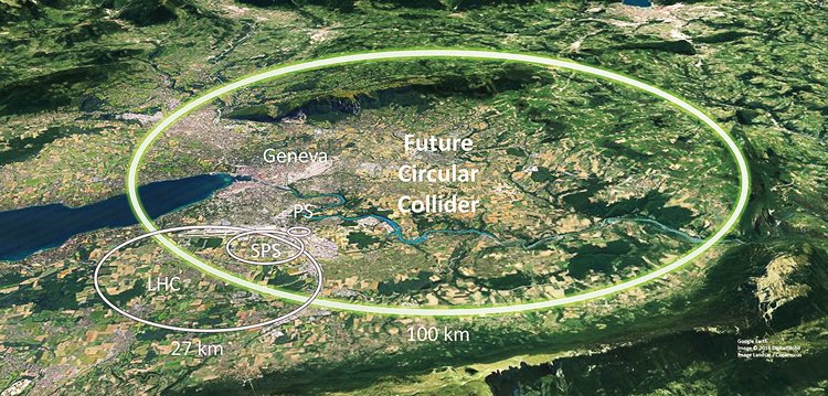 Mapa budoucího kruhového urychlovače. Je zde vidět Ženeva i tamní v současnosti největší urychlovače LHC SPS a PS