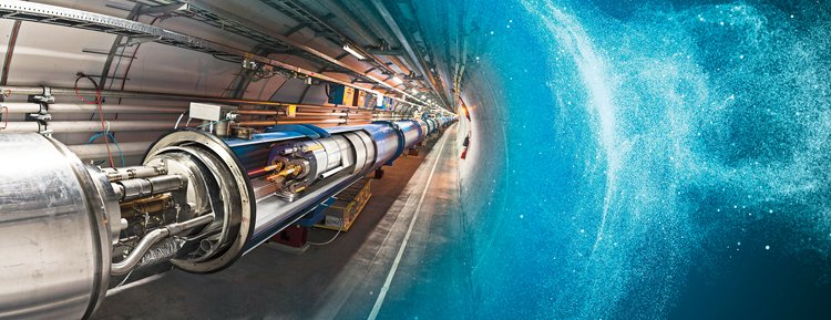 Schematický pohled do tunelu LHC – velká roura je normálně zcela zakrytovaná. Takto uvnitř vidíme dvě malé trubky, v nich protiběžně létají urychlované částice