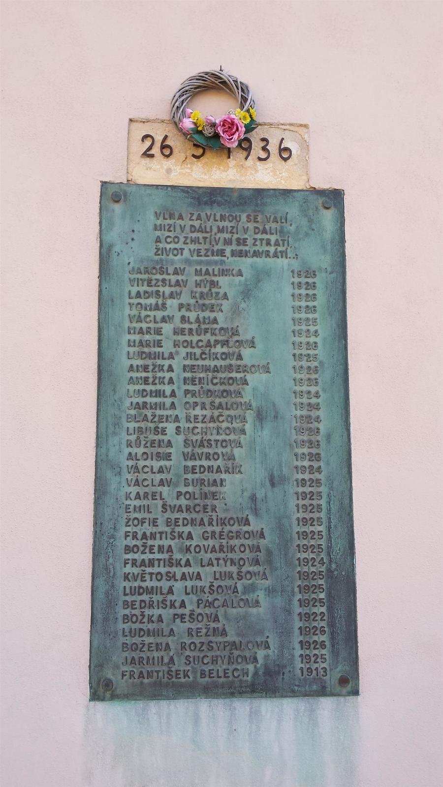 Jména všech obětí tragédie připomíná pamětní deska na zdi Obecního úřadu v Rakvicích.