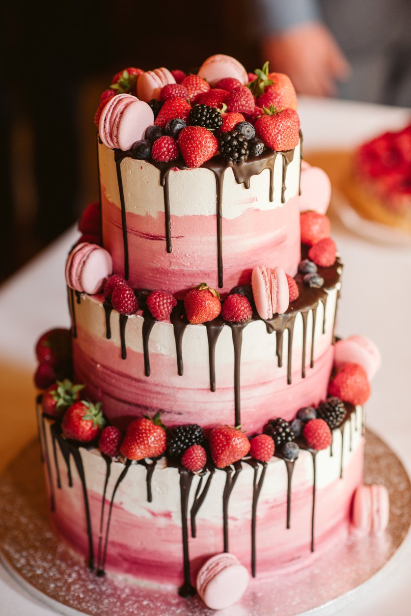 Růžový třípatrový dort