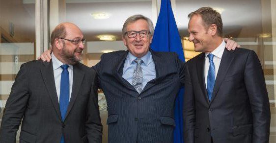 Eurovůdci: předsedové Parlamentu, Komise a Evropské rady Martin Schulz, Jean-Claude Juncker a Donald Tusk.