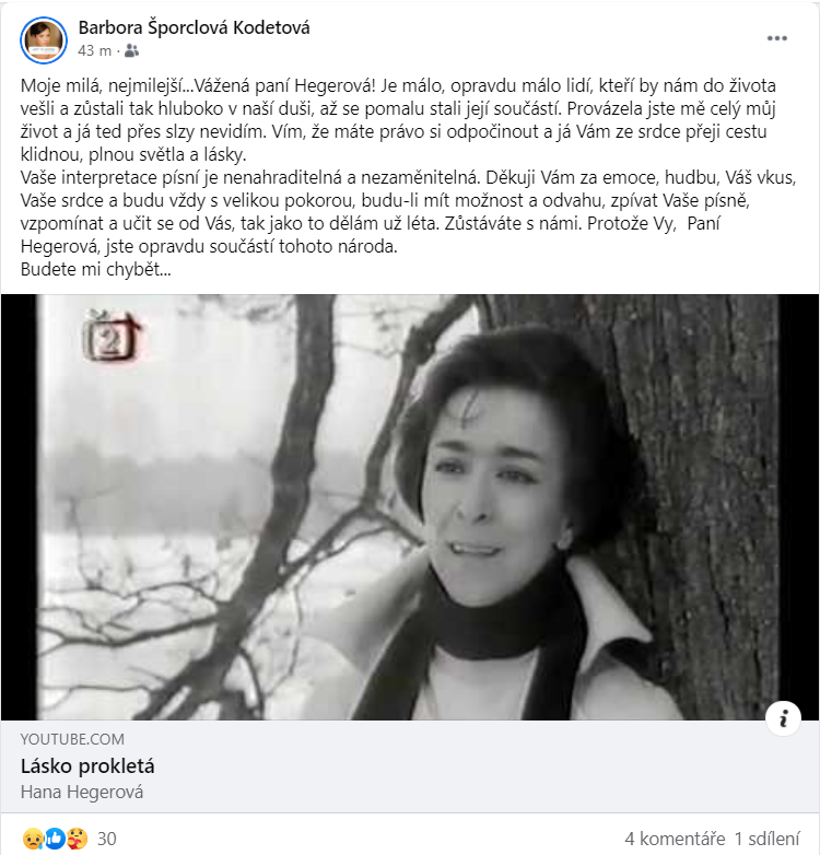 Barbora Kodetová reaguje na smrt Hany Hegerové