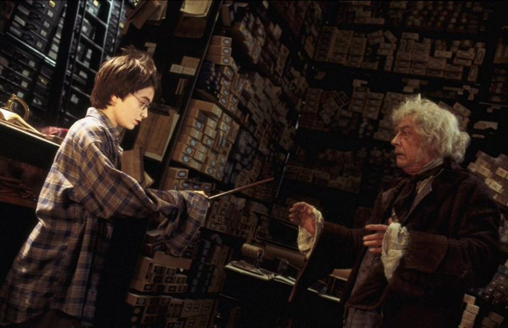 Daniel Radcliffe a John Hurt ve filmu Harry Potter a Kámen mudrců