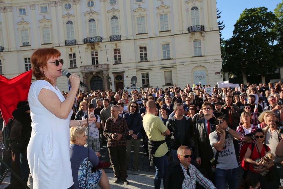 Protesty proti ministru financí Andreji Babišovi (ANO) a prezidentu Miloši Zemanovi se z Václavského náměstí přesunuly na Hradčanské náměstí, tedy před Pražský hrad.