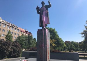 Someone scratched the statue of Marshal Konev and poured it pink.