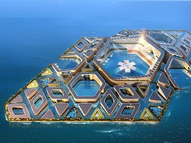 Floating city: Za tímto projektem stojí čínská stavební firma AT Design Office. Město je energeticky soběstačné a je zde i prostor pro hydroponické farmy a oblasti pro chytání ryb.