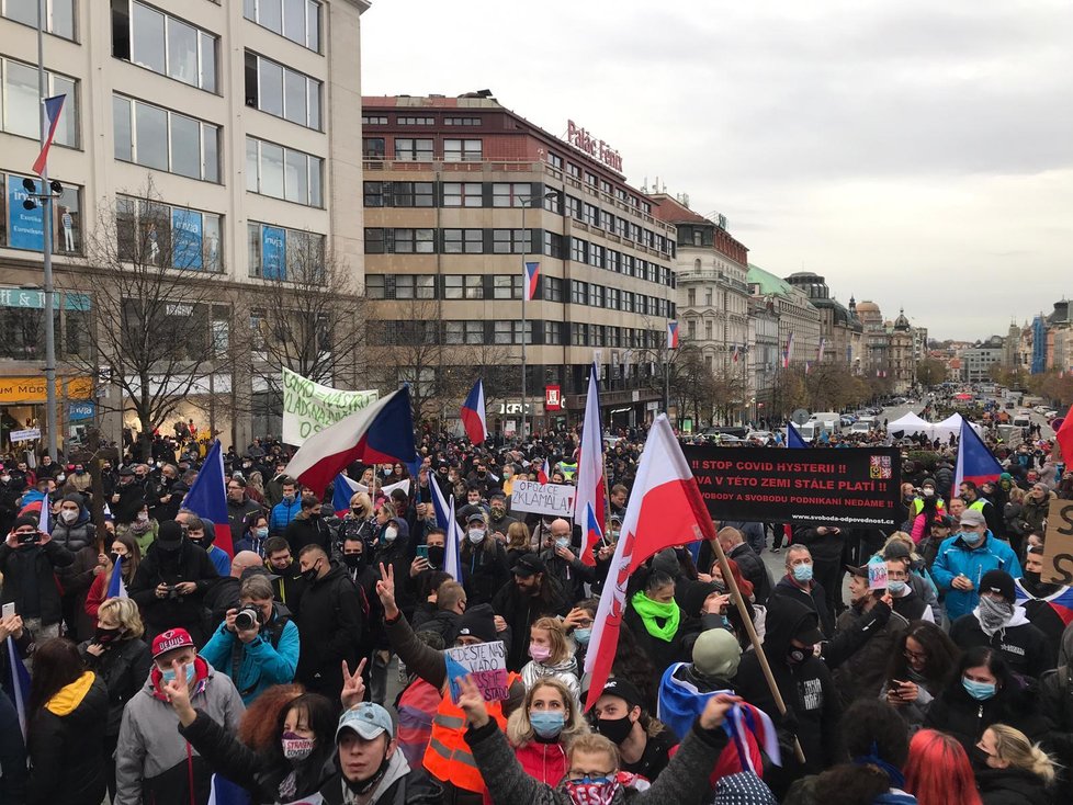 Na Václavském náměstí se shromáždil dav lidí, který protestuje proti vládním opatřením kvůli koronaviru. (17.11. 2020)