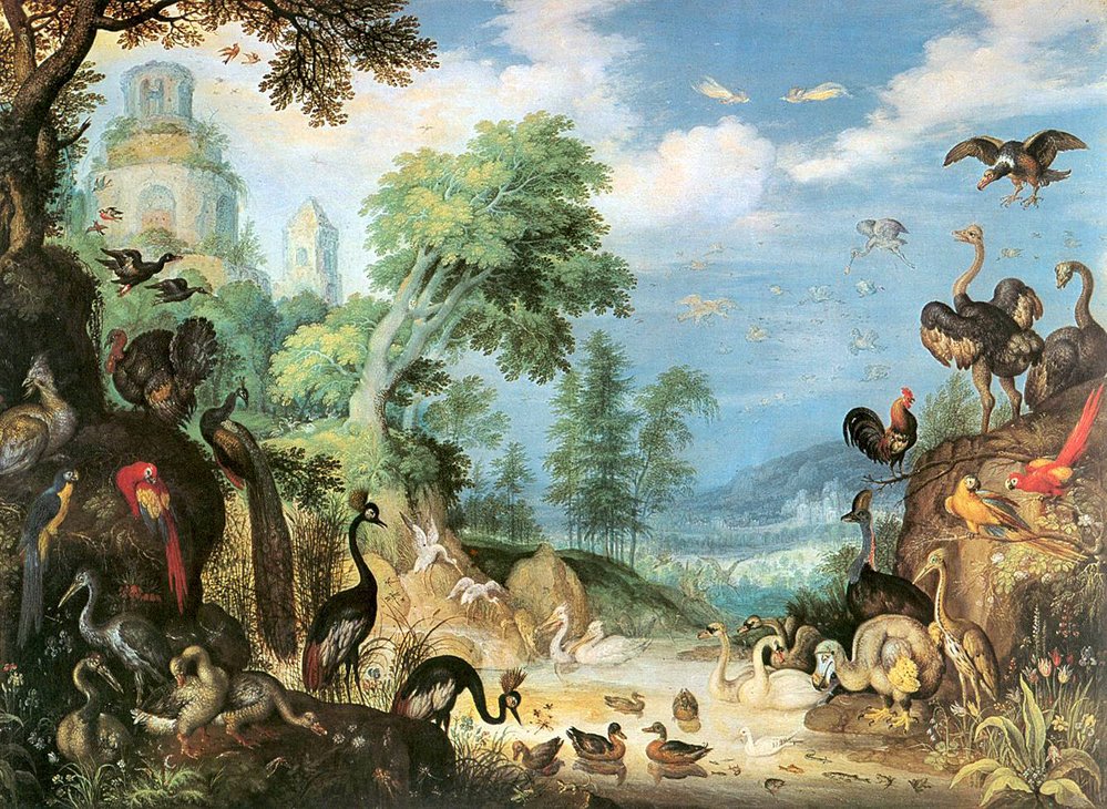 Krajina s ptáky: Autorem malby je Roelant Savery, pták dodo je vidět vpravo dole