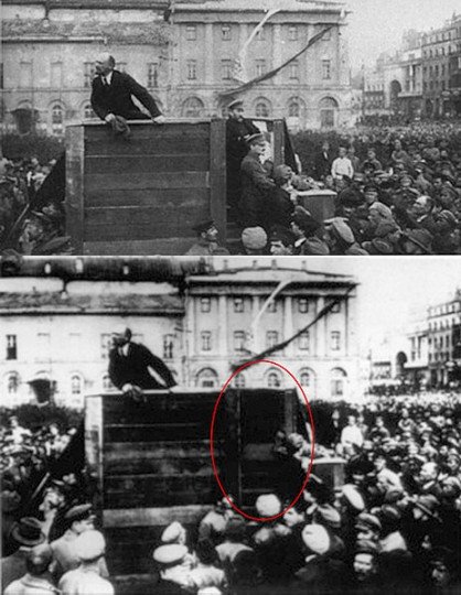 Na fotce Leninova proslovu zmizeli revolucionář Lev Trockij a spisovatel Lev Kameněv. 