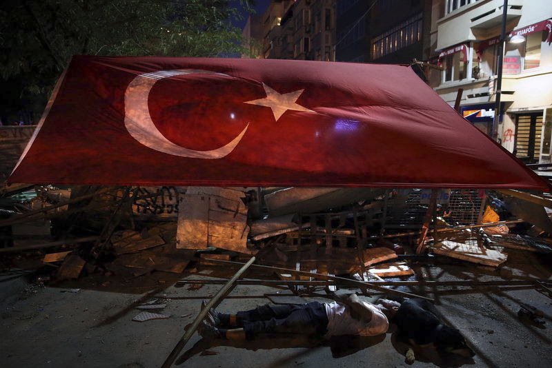 Istanbul, Turecko, 2013. Demonstrant se svým psem spí u barikády zakryté tureckou vlajkou
