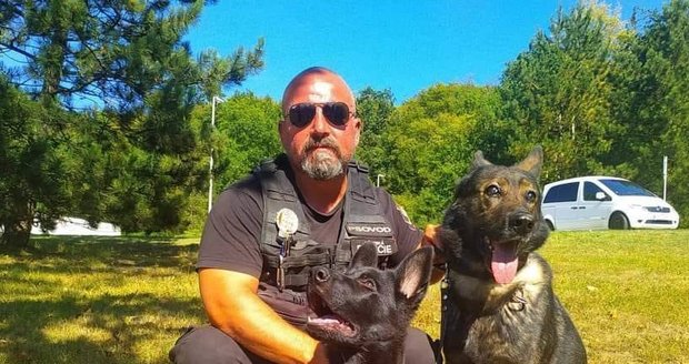 Vysloužilý služební pes městské policie Vir (9, vpravo) se svým psovodem, u kterého dožije. Měsíčně mu bude město přispívat 1500 korunami.