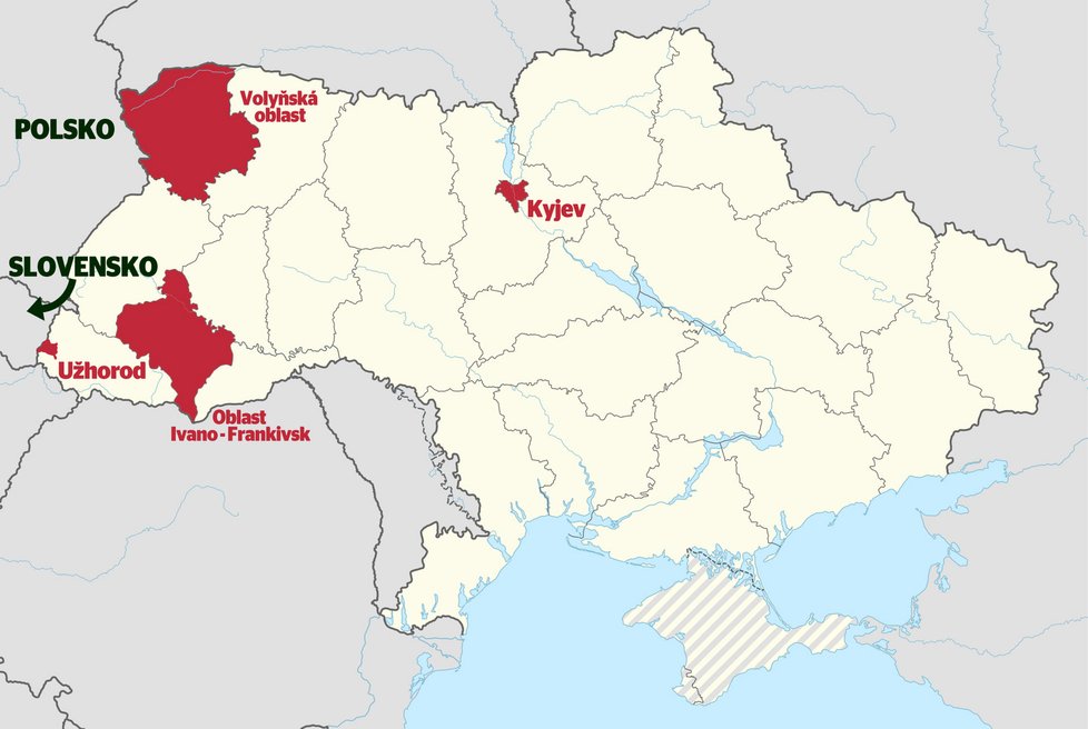 Mapa Ukrajiny a příhraničních bojů