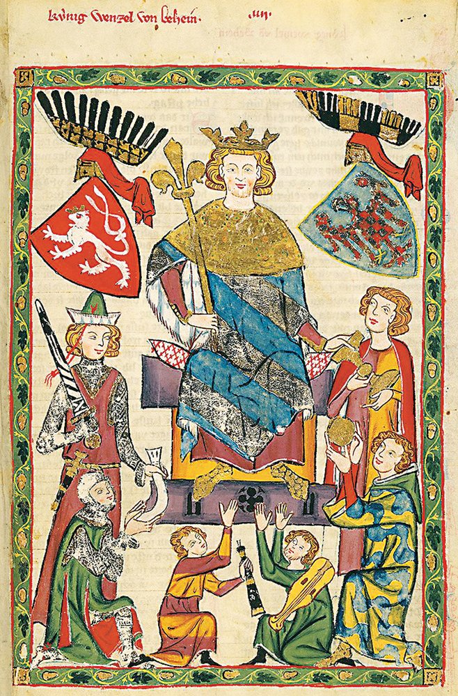 Dobové zobrazení českého krále Václava II. (vládl 1283–1305) v německém Codex Manesse ukazuje módu a kulturu přemyslovského dvora. Král sedí na trůnu obklopen svými dvořany a hudebníky