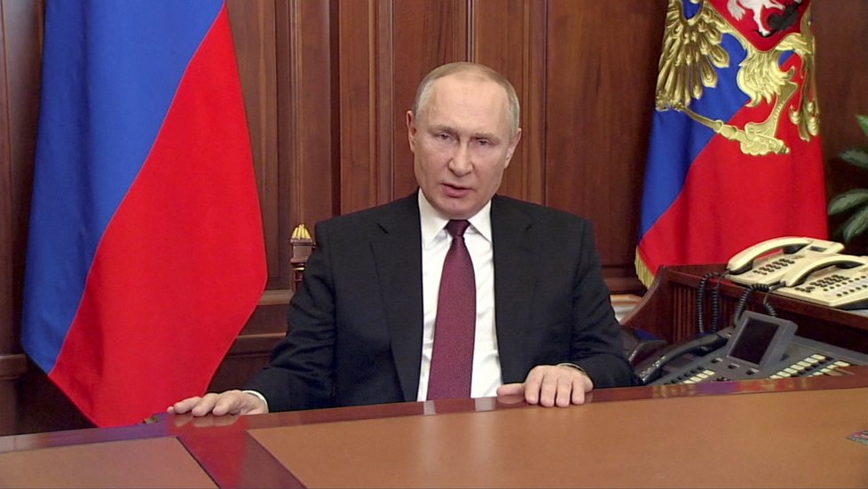 Ruský preziden Vladimir Putin během válečného projevu (24.2.2022)